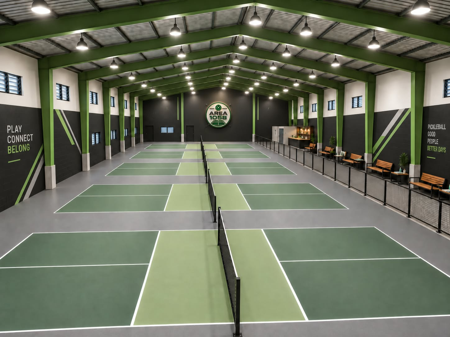 The Area 1058 venue design render, with five indoor courts and courtside seating
